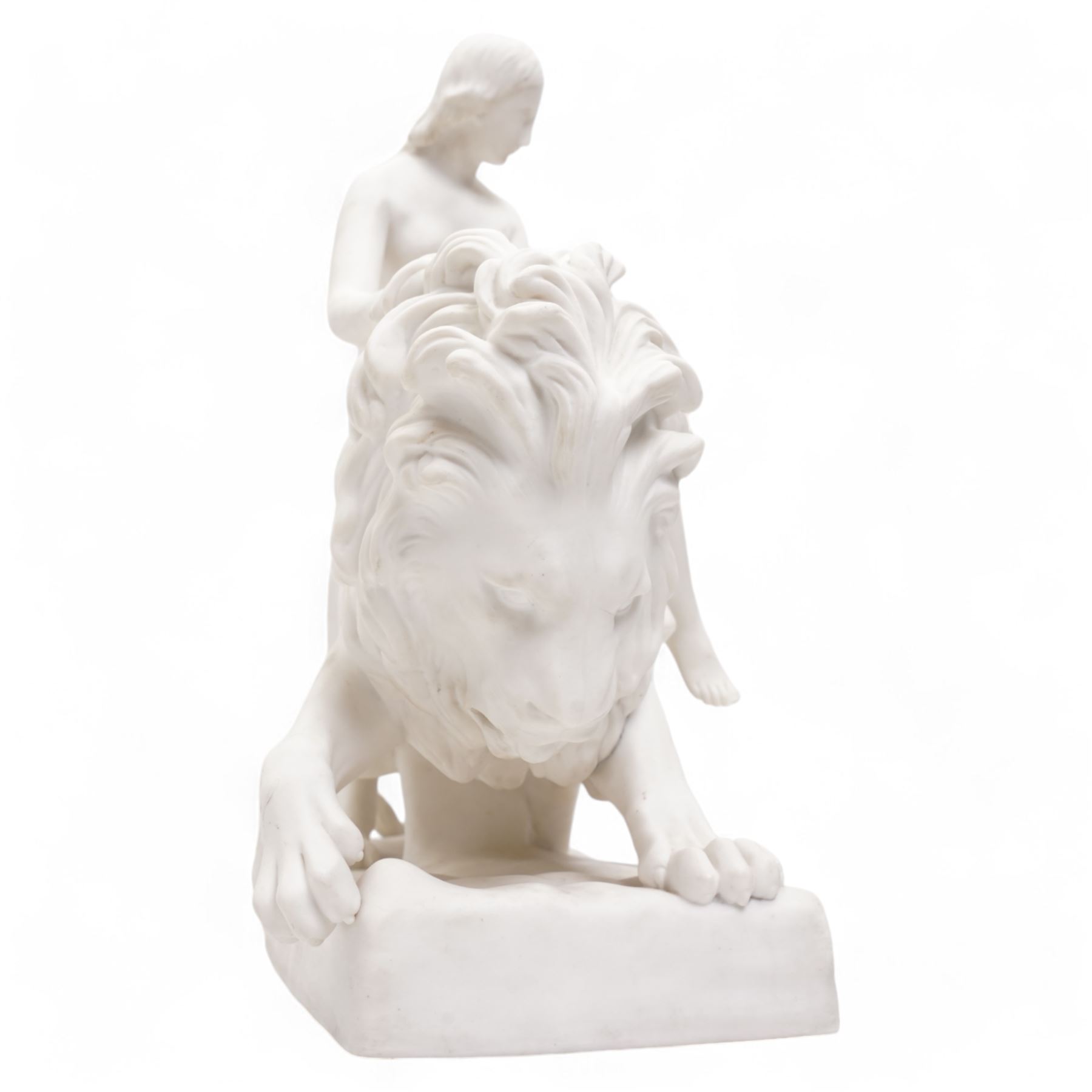 Victorian Minton Parian ware group 'Una and the Lion', designed by John Bell (1812-1895), the nude maiden seated side-saddle astride the male lion, with her fingers holding onto its mane, impressed marks to the rectangular base, L40cm x H37cm