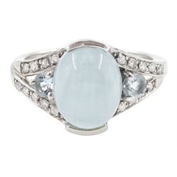 9ct white gold three stone oval cabochon and round cut aquamarine and round brilliant cut ...