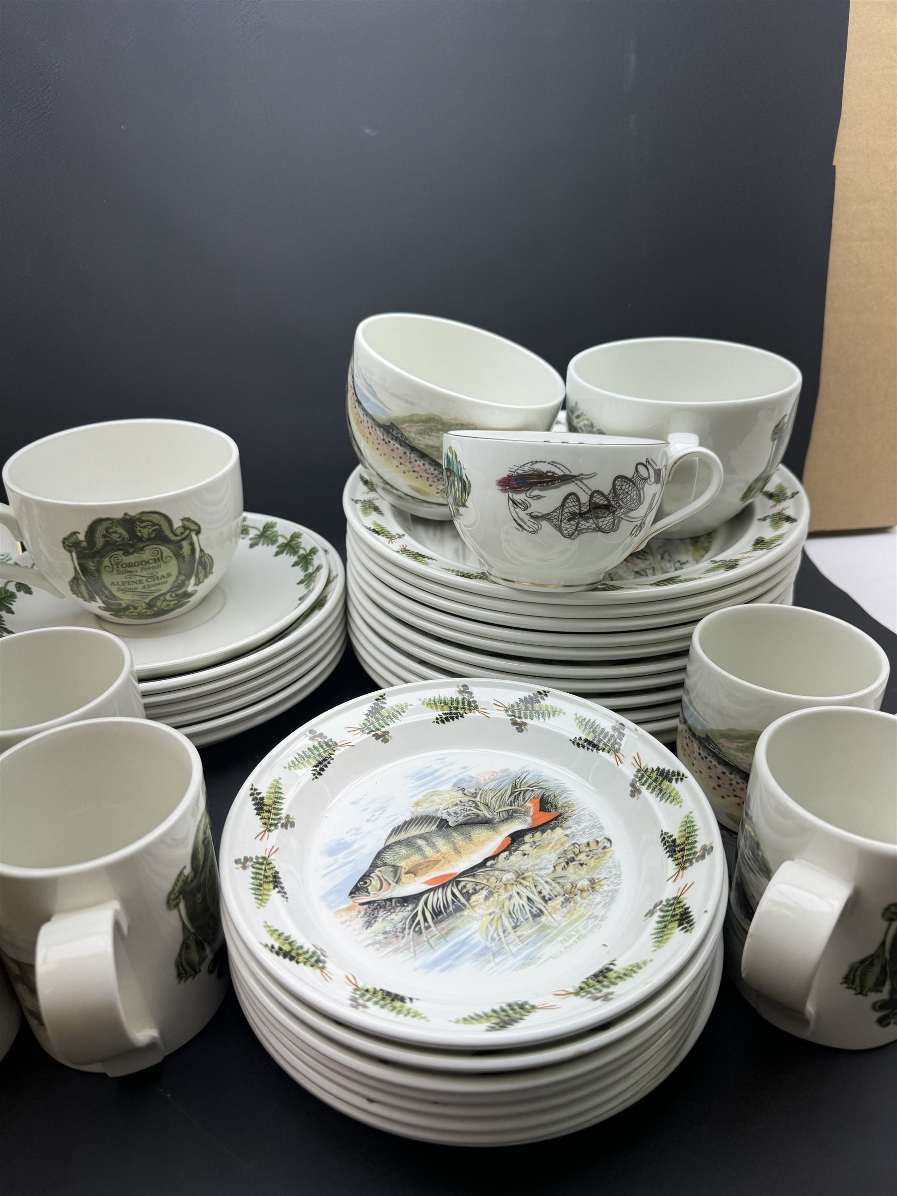 Portmeirion Complete Angler part tea and dinner service, including eleven dinner plates, five bowls, seven mugs etc together with two Royal Worcester cups and saucers