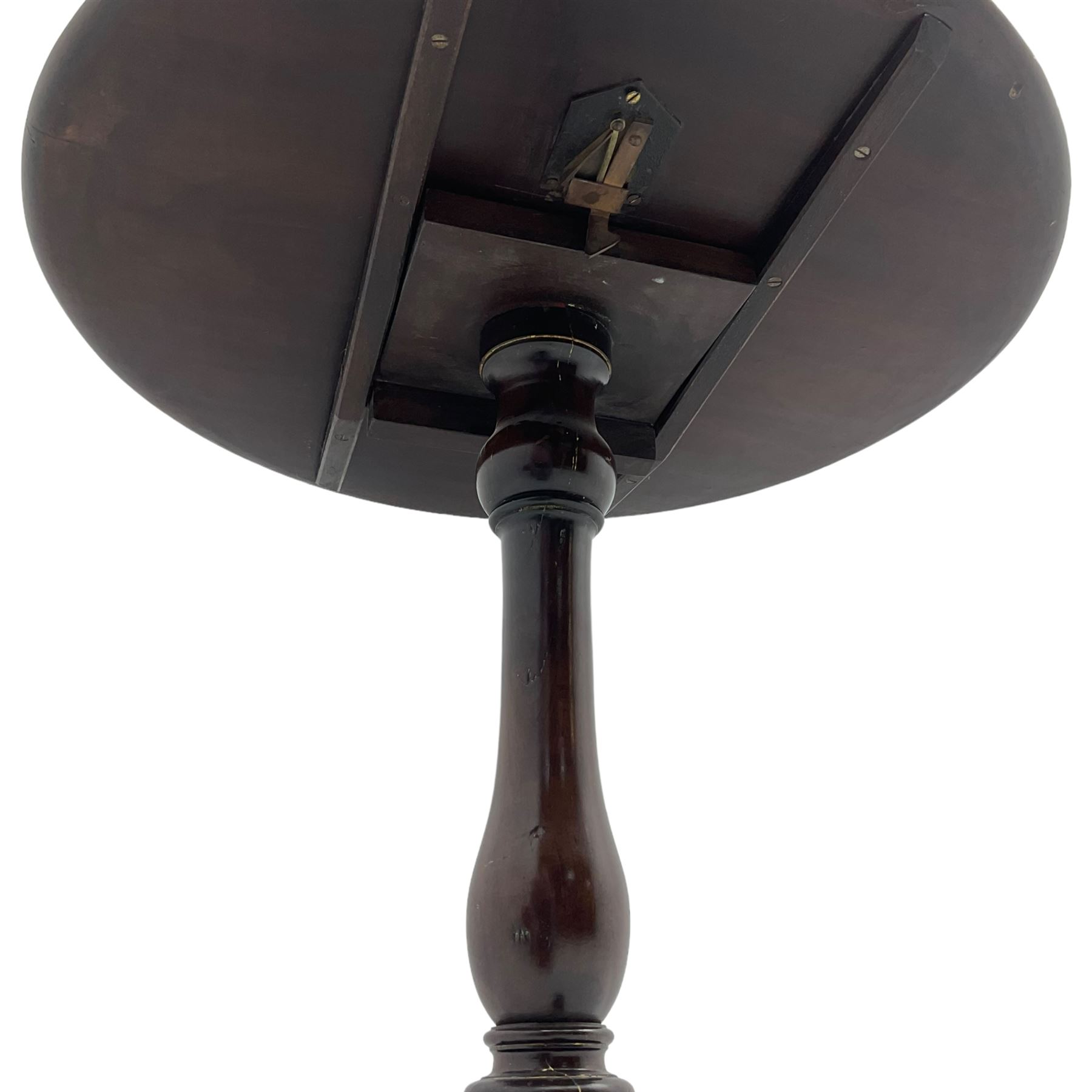 19th century mahogany tripod table, circular dished top on vasiform pedestal, three out-splayed supports 