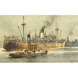  Harry Hudson Rodmell  (British 1896-1984): Steamship and Tug, watercolour signed 27cm x 42cm Provenance: from the exors. of a North Yorkshire single owner collection of Maritime oils and watercolours  DDS - Artist's resale rights may apply to this lot    