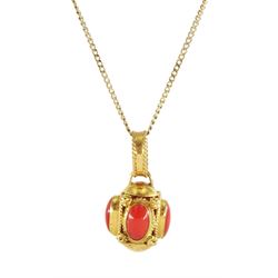 18ct gold coral pendant, stamped 750, on 9ct gold flattened curb link chain necklace, hallmarked