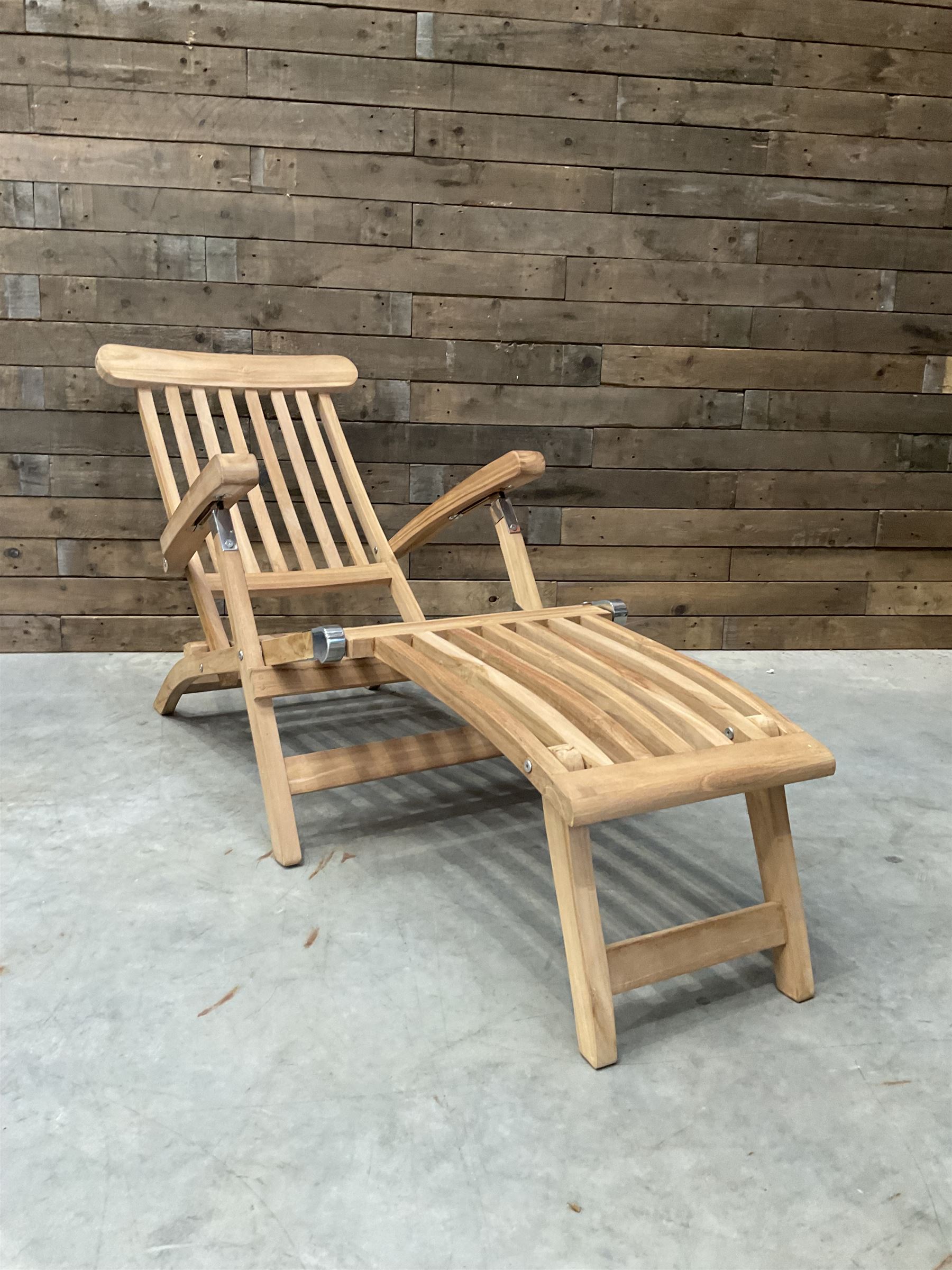 Pair of solid teak adjustable garden steamer armchairs, stainless brackets, with cushions