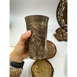 Keswick School of Industrial Arts, flared vase of cylindrical form, together with an Arts and Crafts plated copper, an embossed tray, copper dishes and charger 