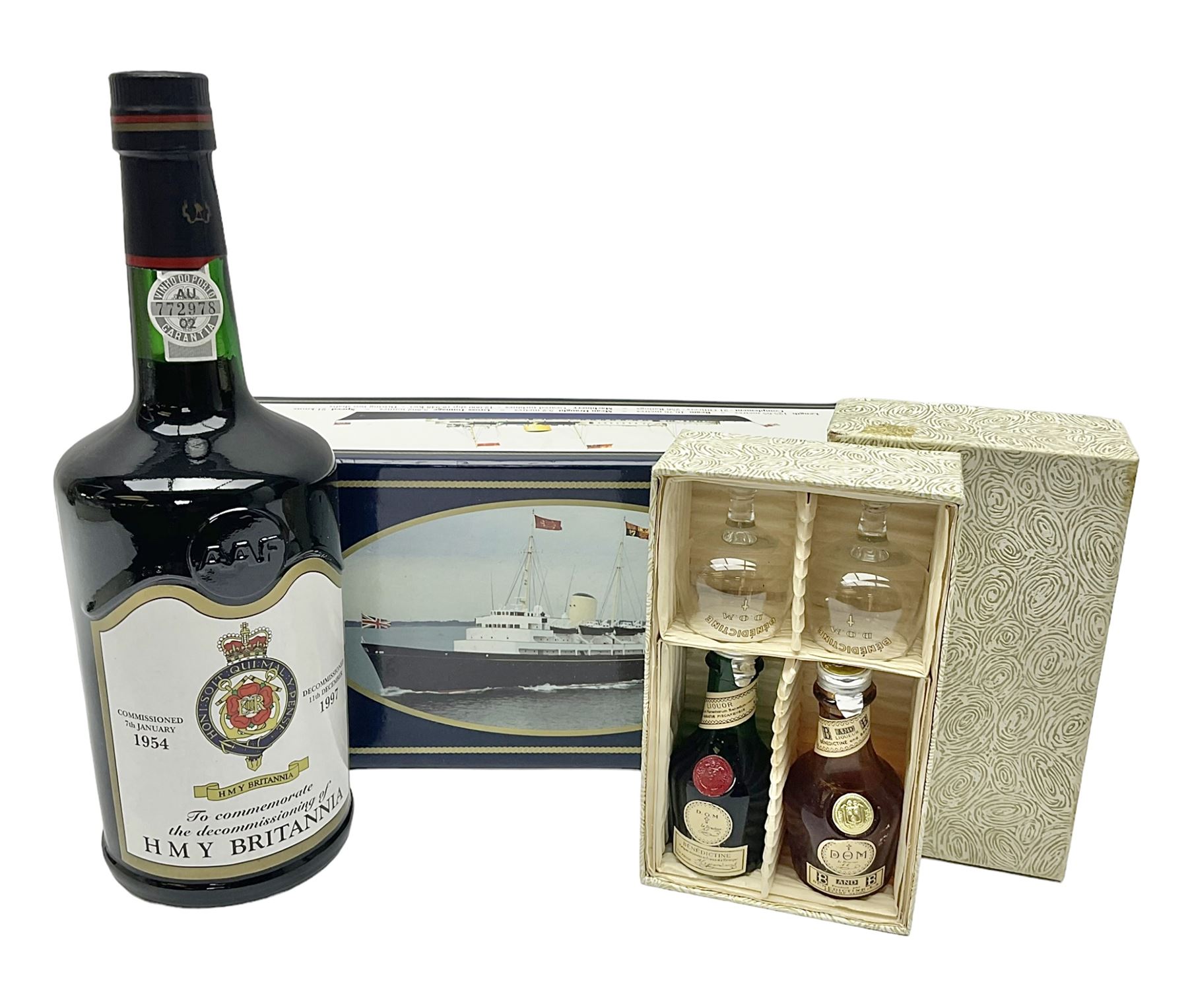 Dona Antonia Ferreira Personal Reserve port, commemorating the decommissioning of HMY Britannia, together with two miniature bottle of DOM B&B Benedictine with glasses, various contents and proof, boxed