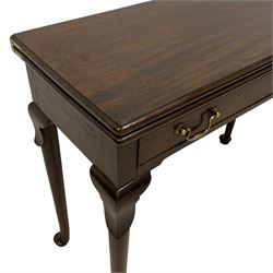 George III mahogany card table, moulded rectangular fold-over top revealing baize lined interior, single cocked-beaded frieze drawer with brass swan neck handles, on lappet carved cabriole supports, double gate-leg action base 