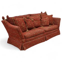 Large Knole design hardwood-framed three-seat drop-arm sofa, upholstered in crimson fabric...