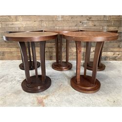 Five walnut circular bar or bedroom occasional tables