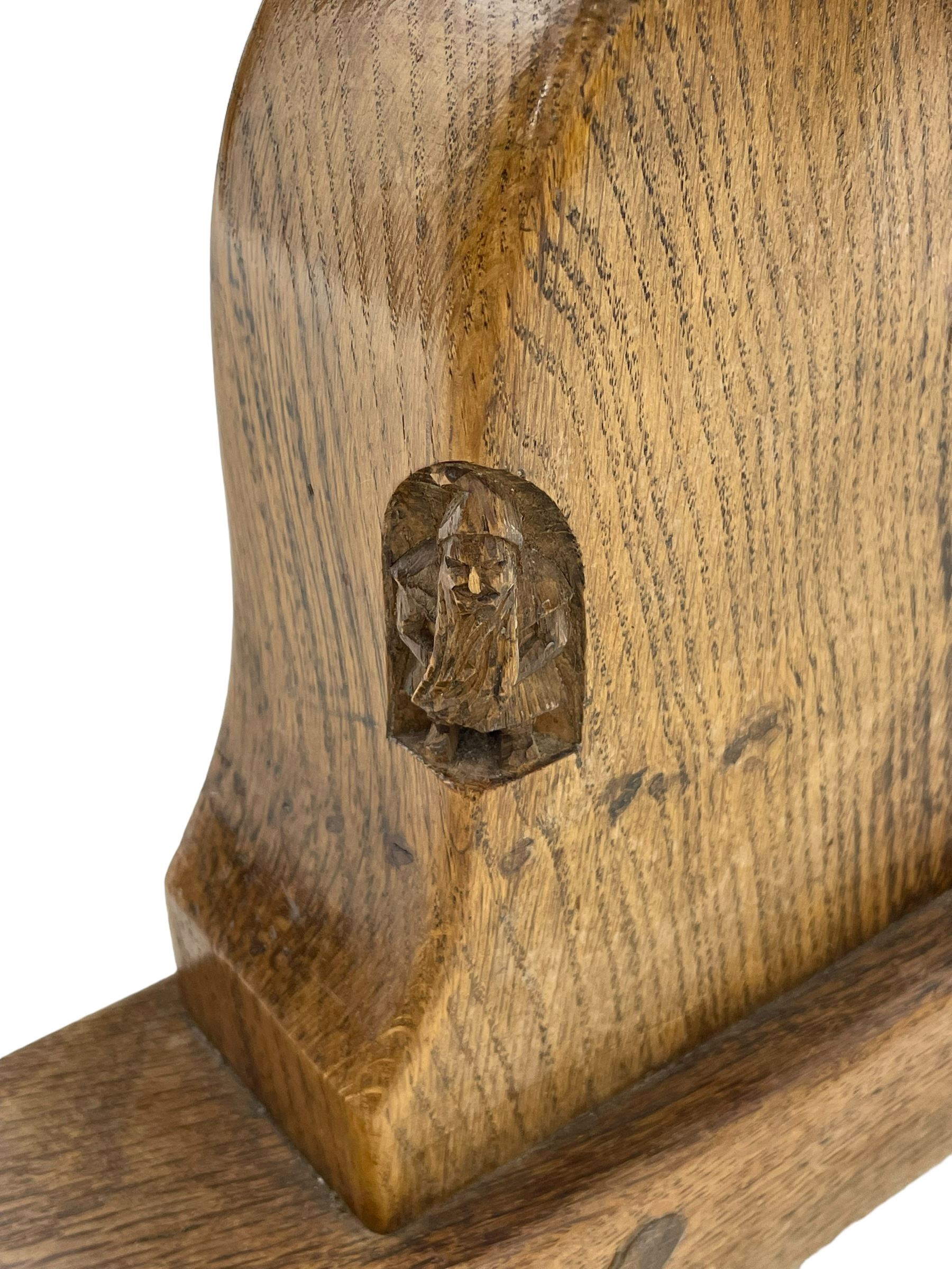 Gnomeman - oak dining table, rectangular adzed top, shaped end supports on sledge feet united by pegged stretcher, by Thomas Whittaker, Littlebeck, Whitby 