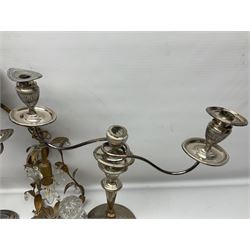 Two silver plate candelabras, together with two glass decanters, necklace and other collectables 