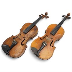 Two violins, both full size and unlabelled, one with bow and both cased