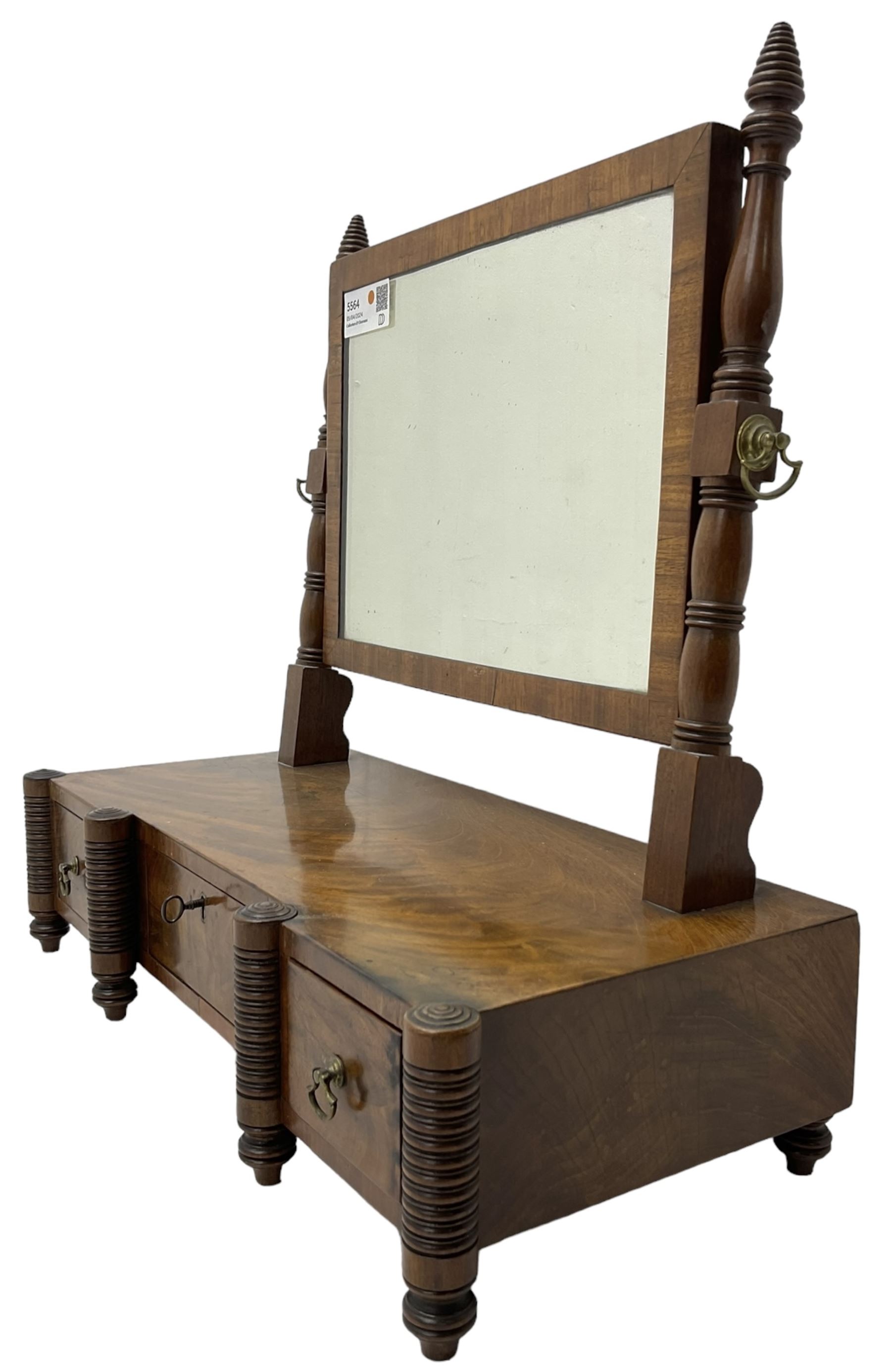 19th century mahogany dressing table mirror, rectangular plate, fitted with three trinket drawers, on ring turned uprights and supports