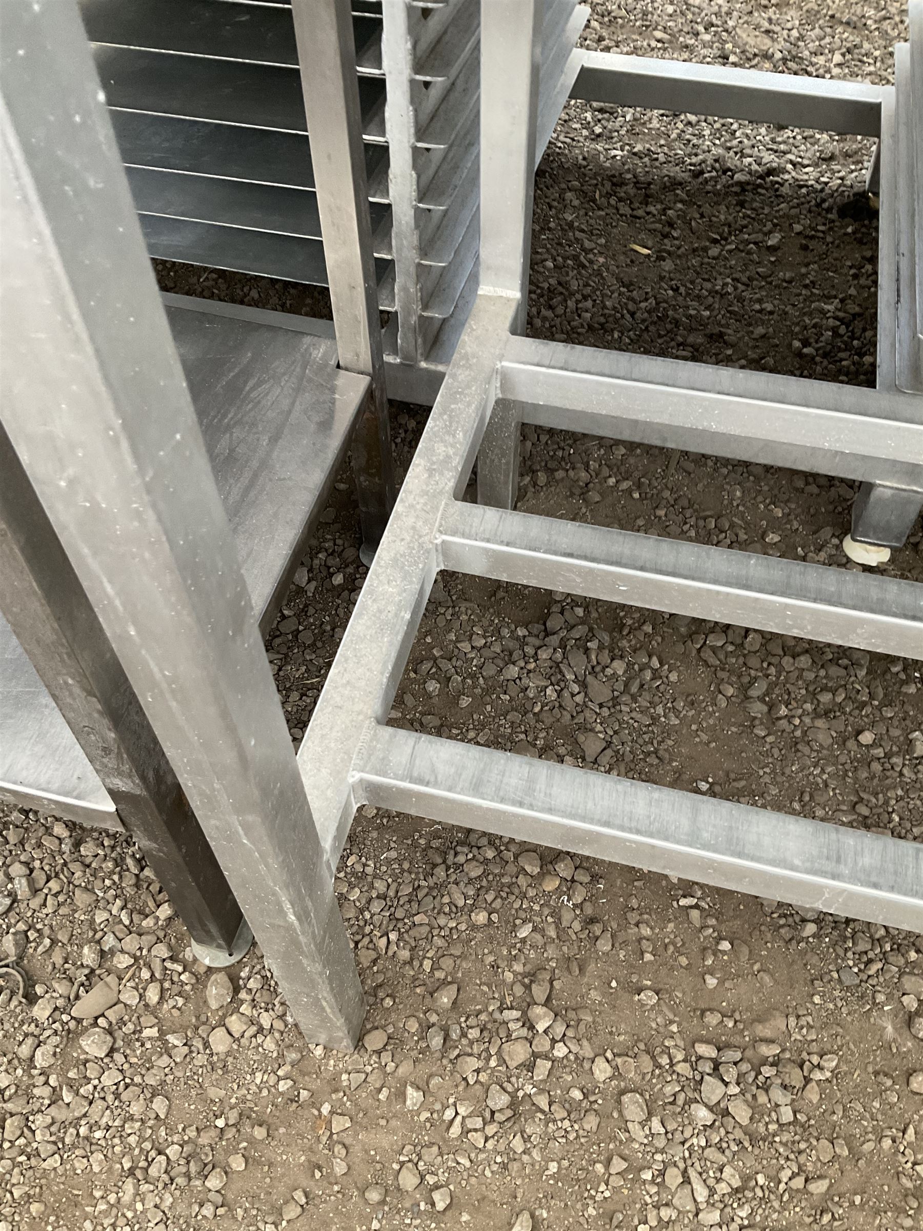 Aluminium framed preparation table with stainless steel top, barred under-tier - THIS LOT IS TO BE COLLECTED BY APPOINTMENT FROM DUGGLEBY STORAGE, GREAT HILL, EASTFIELD, SCARBOROUGH, YO11 3TX