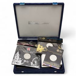 Mostly Commemorative coins or sets, including The Royal Mint United Kingdom 2008 'Royal Shield of Arms' proof collection cased with certificate, 2006 brilliant uncirculated coin collection, 'The Diana, Princess of Wales Photographic Coin Collection', 'The 75th Birthday of His Majesty King Charles III Celebration Coinage Collection', various five pound coins on cards, loose five pound coins, 1976 Guyana six coin proof set minted by The Franklin Mint etc