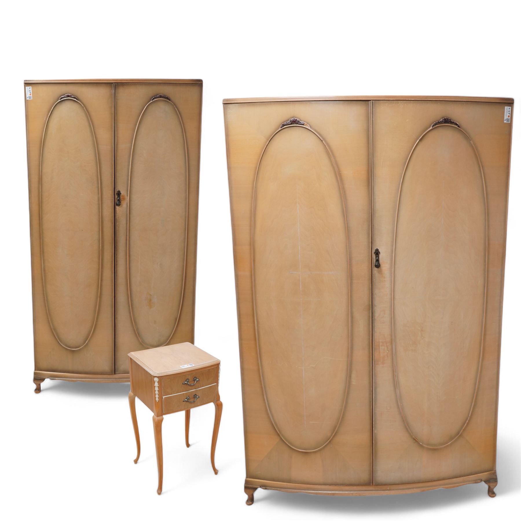 Early 20th century bleached walnut bedroom suite - large double wardrobe (W123cm, H189cm, D64cm); smaller double wardrobe (W92cm, H177cm, D55cm); dressing table (W116cm, H153cm, D61cm); and bedside (W37cm, H69cm, D33cm), with stool 