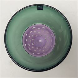 Stuart Akroyd glass vase, green banded top and purple opaque lower section with bubble inclusions, with sticker and engraved signature beneath, H15.5cm