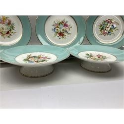 Victorian dessert service, comprising three comports and twelve plates, each decorated with floral sprigs to the centre with a blue and gilt border