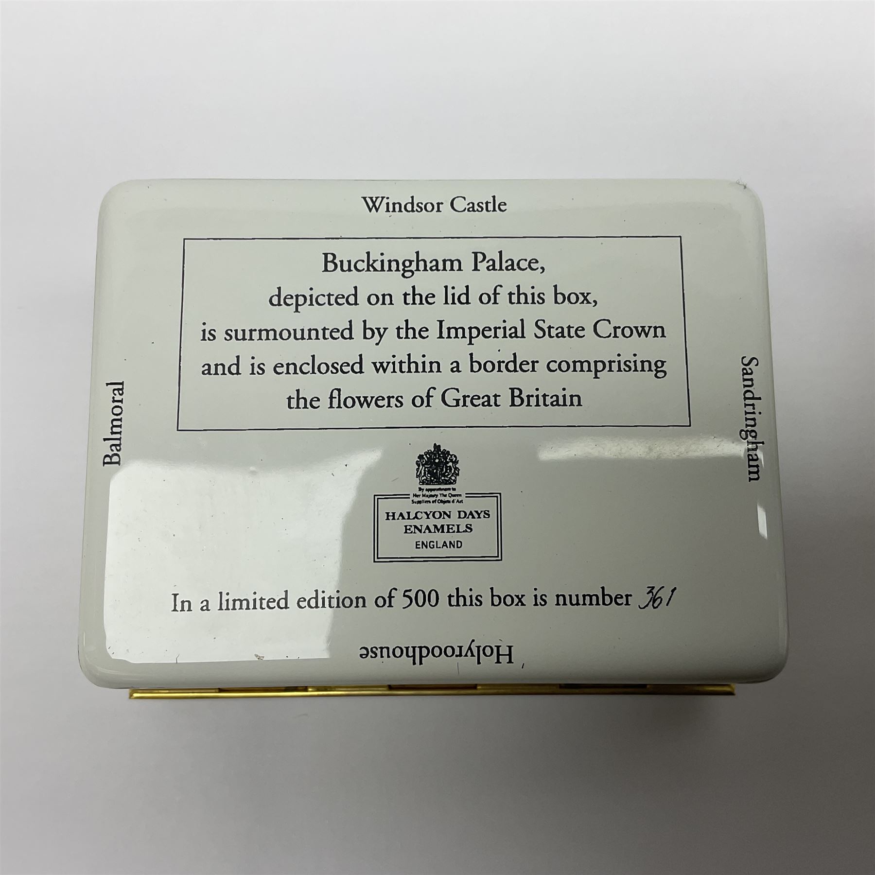 Two Halcyon Days enamel boxes, both of rectangular form, the first depicting Buckingham Palace, 'To Celebrate the Golden Jubilee of Her Majesty Queen Elizabeth', the second depicting the marriage of The Queen and Prince Philip, in celebration of their Diamond Wedding Anniversary, H4cm, W8.5cm, both boxed