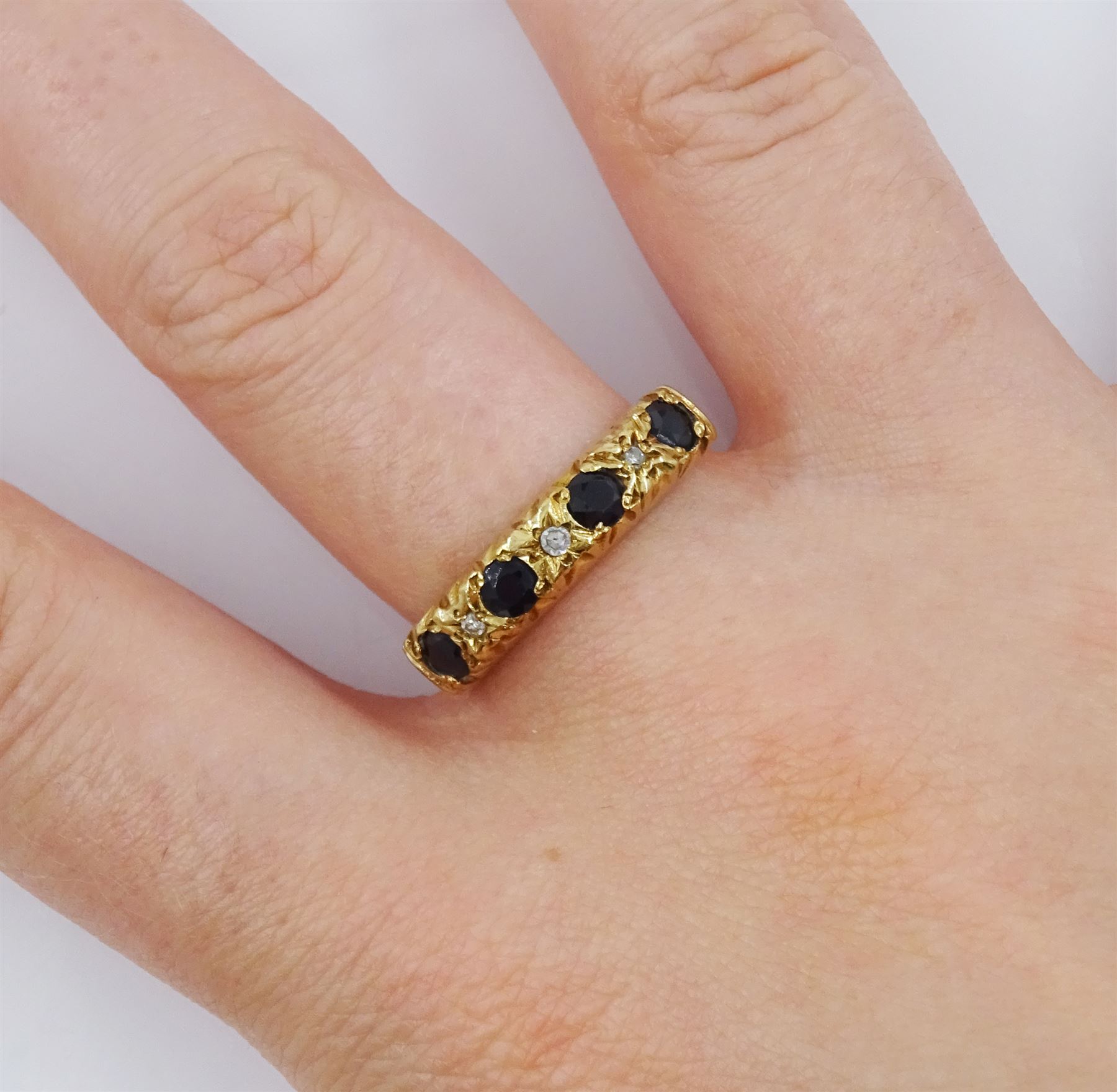 9ct gold sapphire and diamond half eternity ring, hallmarked