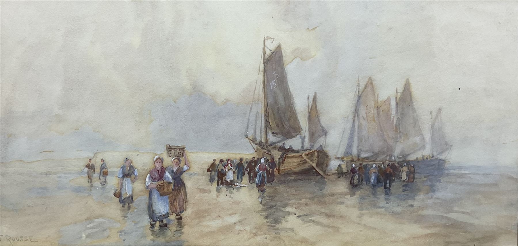 Frank Rousse (British fl.1897-1917): 'Return of the Boats', watercolour heightened with white signed, titled on mount 24cm x 49cm 