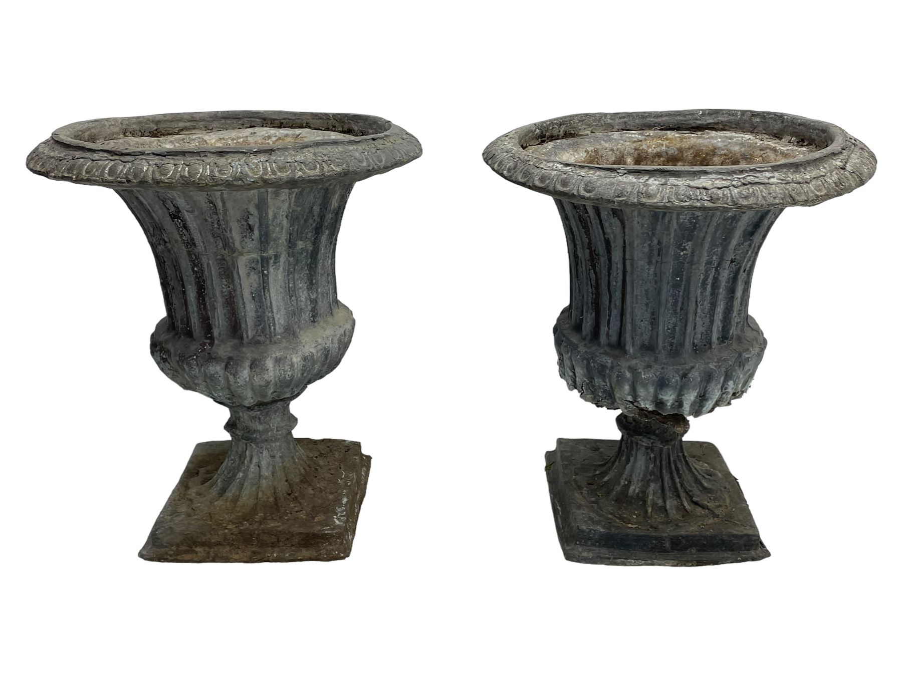 Pair of 19th century lead Campana shaped garden urns, egg and dart moulded rim, tapered fluted body over gadrooned underbelly, tapered and fluted foot on moulded square base 