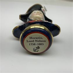 Halcyon Days bonbonniere, modelled as 'Vice-Admiral Lord Nelson', to mark the bicentenary of the British victory at the Battle of Trafalgar, together with another Halcyon Days enamel box depicting Lord Nelson, both boxed 