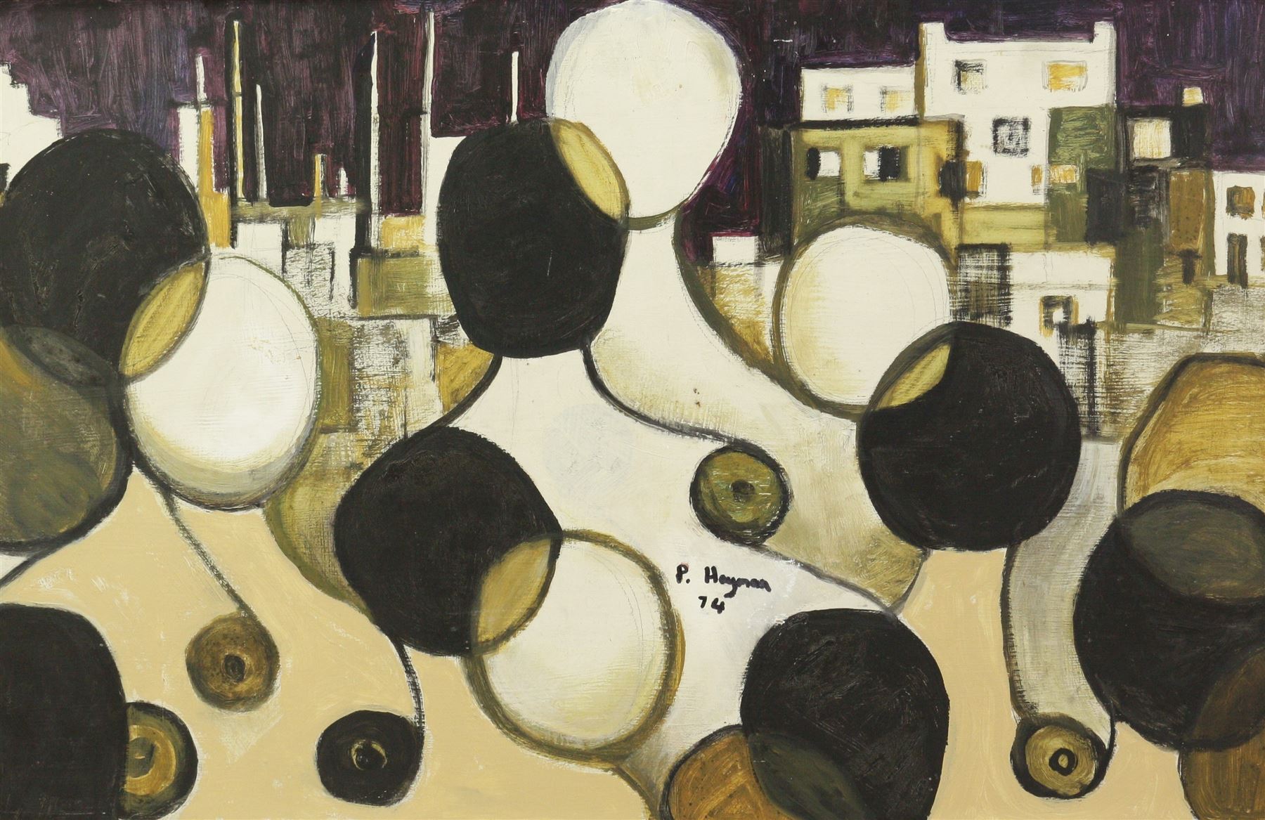 In the style of Patrick Hayman (British 1915-1988): Abstract Figures in a Town, oil on board bearing signature, 48cm x 71cm 