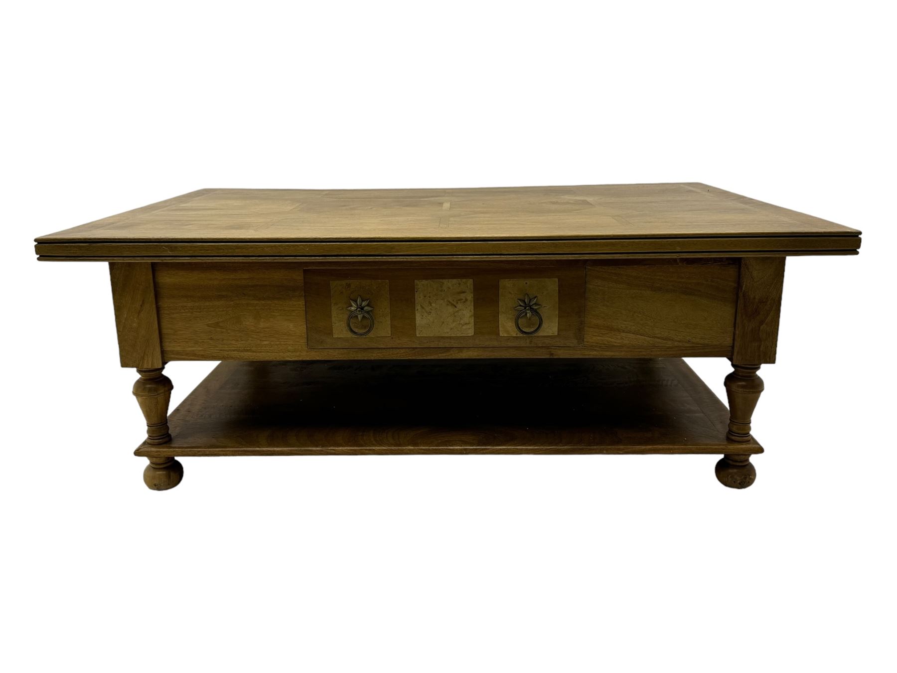 Barker & Stonehouse 'Flagstone' range mango wood coffee table, fluted rectangular top with marquetry inlay, over two drawers with turned supports connecting undertier, raised on bun feet 