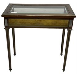 Walnut and brass inlaid bijouterie cabinet, the rectangular lid with bevelled glass pane inlaid with brass stringing, velvet lined interior, on tapering turned and fluted supports with brass collars and feet