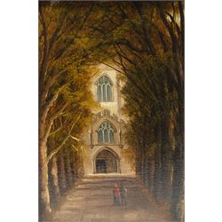 V Mag* (British 19th Century): 'Path Leading to the Church at Stratford-upon-Avon - Shakespeare's Resting Place', oil on panel indistinctly signed, inscribed on label verso 24cm x 16cm 