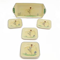 Susie Cooper Puck pattern twin-handled tray and four serving plates, decorated with a danc...