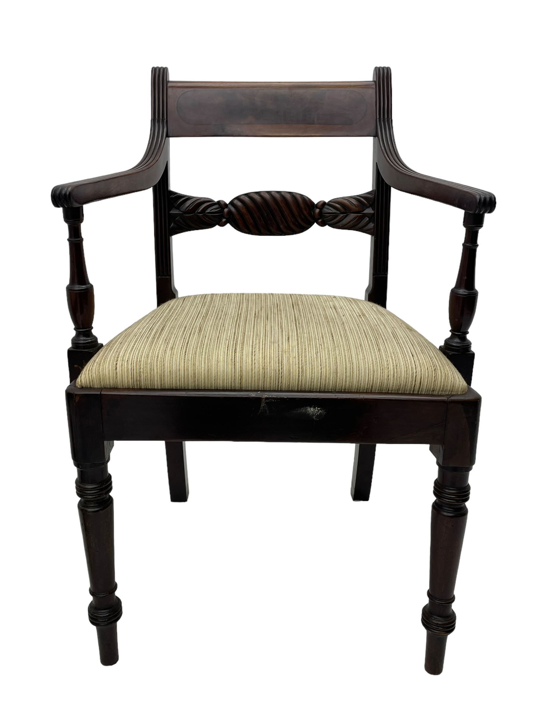 Georgian design set of six (6+2) mahogany dining chairs, the bar cresting rail inlaid with figured mahogany panel, shaped twist lobe carved middle rail with extending stylised leaf decoration, upholstered drop-in seat, on turned front supports 