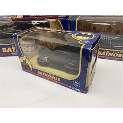 Five Corgi Batmobile die-cast vehicles from the DC Comics collection, to include 1940’s DC Comics BMBV2 1:18 and BMBV1 1:24 scale Batmobiles, all in original boxes 