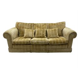 Duresta England - three-seat sofa, upholstered in pale gold fabric, traditional shape with rolled arms