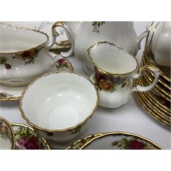 Royal Albert Old Country Roses pattern tea and dinner service, including teapot, coffee pot, two milk jugs, two open sucriers, six teacups and saucers, six dinner plates, six soup bowls, etc  