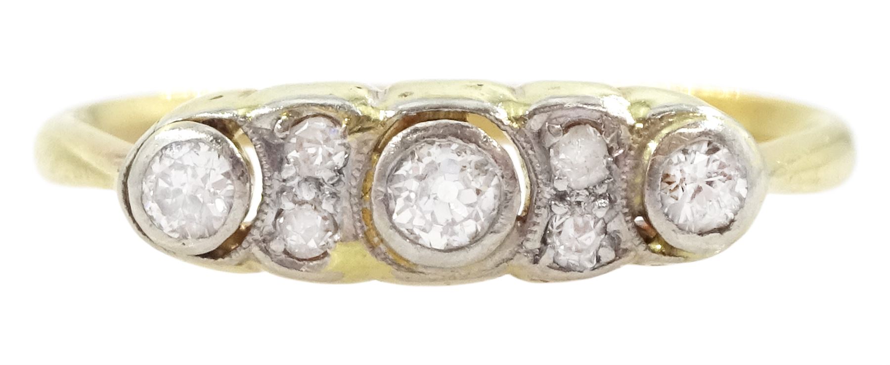 Early 20th century old cut diamond ring, three principal diamonds with two smaller diamonds set between, total diamond weight approx 0.25 carat