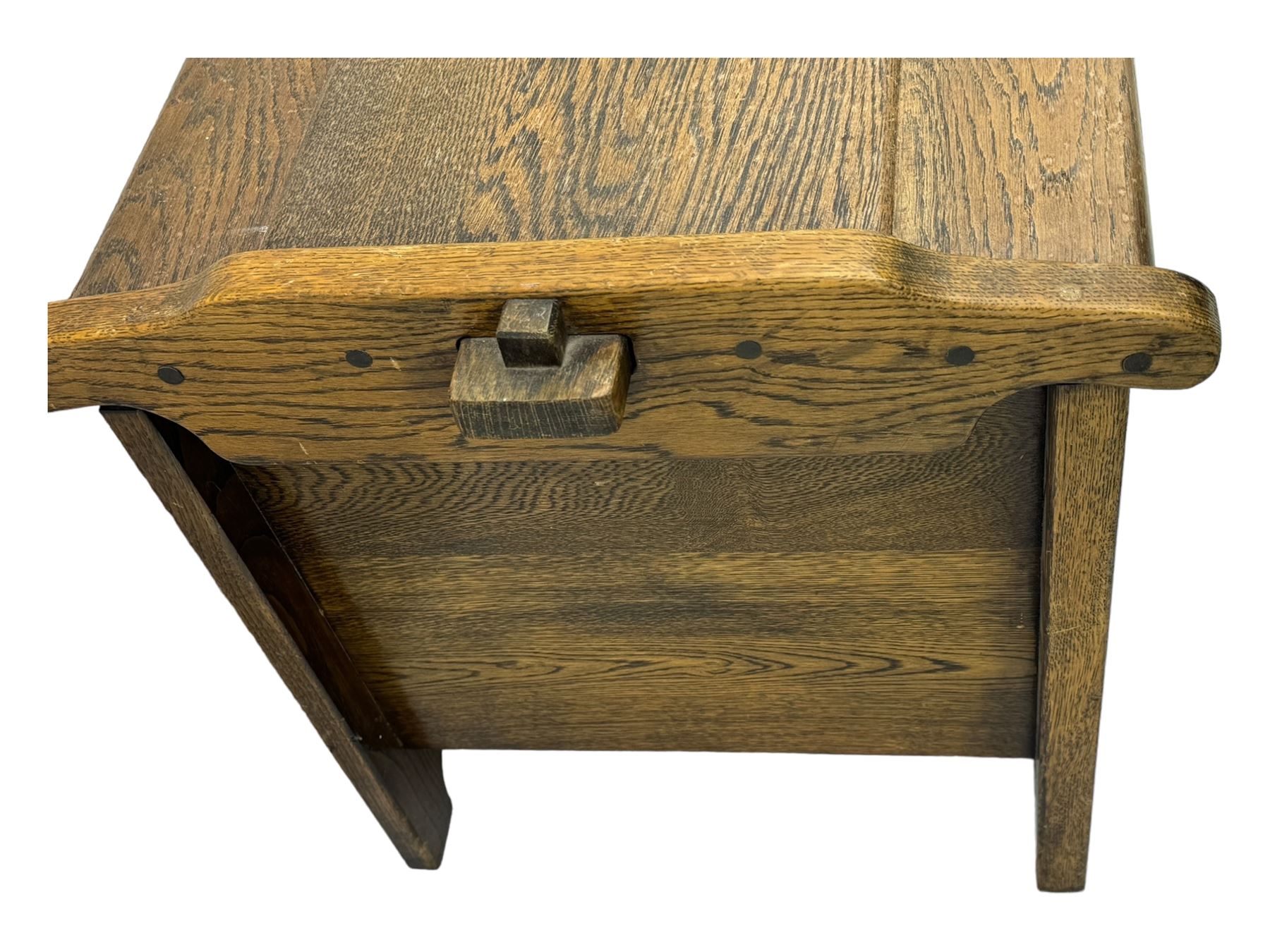 20th century oak coffer or blanket chest, rectangular hinged top over repeating Gothic arch carved front and shaped sides, constructed with pegged joints, on stile supports