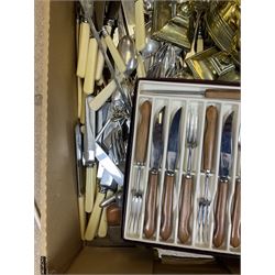 Collection of mostly silver plate, largely comprising assorted flatware, plus pair of candlesticks, and brass watering can and pair of brass candlesticks, in one box 