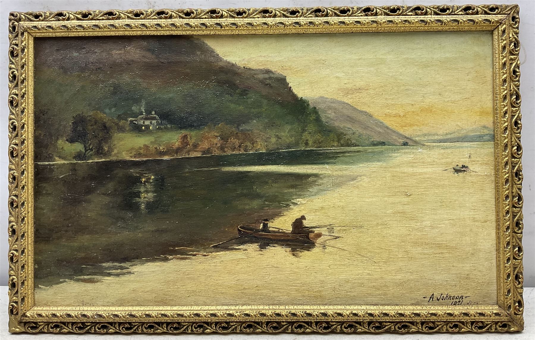 A Johnson (British 19th Century): 'Brantwood - Coniston Lake' River Landscape, oil on canvas signed and dated 1821, inscribed verso 29cm x 50cm 