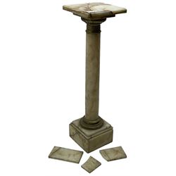 Late 19th century variegated marble torchère or plant stand, square moulded top on column,...