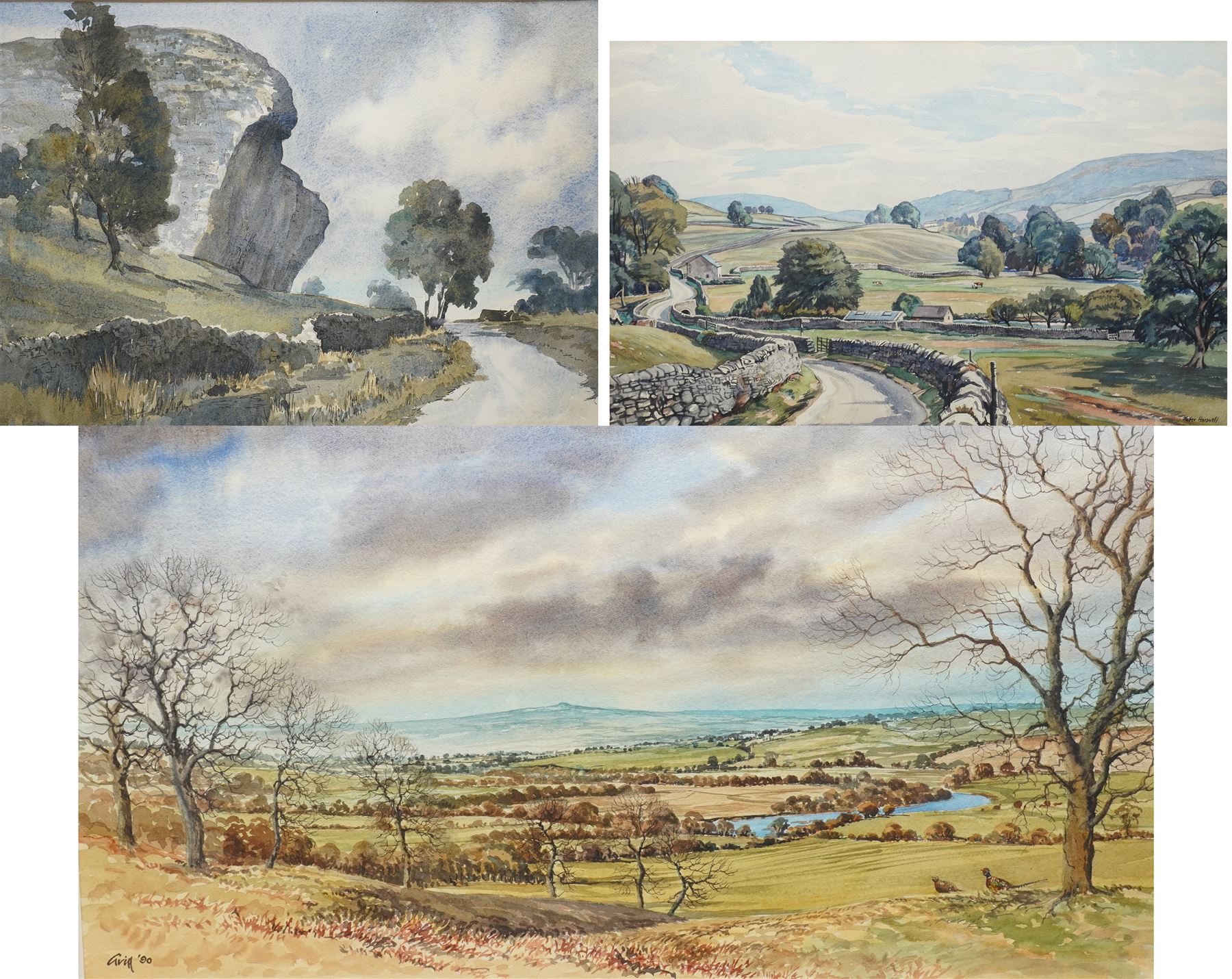 Walter Cecil Horsnell (British 1911-1997): 'Landscape Between Burnsall & Hebden Showing Burnsall Fell', watercolour signed, titled verso; George 'Griff' Griffiths (British 1939-2017): Expansive Landscape, watercolour signed; together with a similar watercolour of Brimham Rocks max 35cm x 68cm (3)