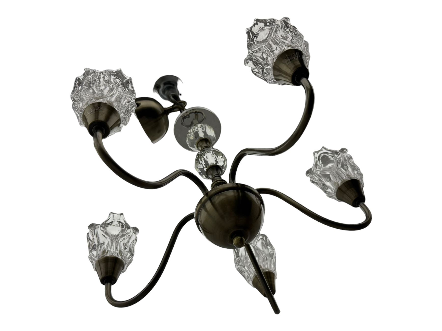 Contemporary five-branch chandelier, brass effect with moulded glass shades; matching pair of wall-mounted two-branch lights (3)