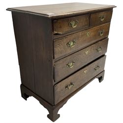 George III oak chest, moulded rectangular top over two short and three long graduating drawers, raised on bracket feet