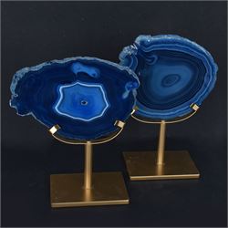 Pair of blue agate slices, polished with rough edges, raised upon gilt metal stands, H20cm