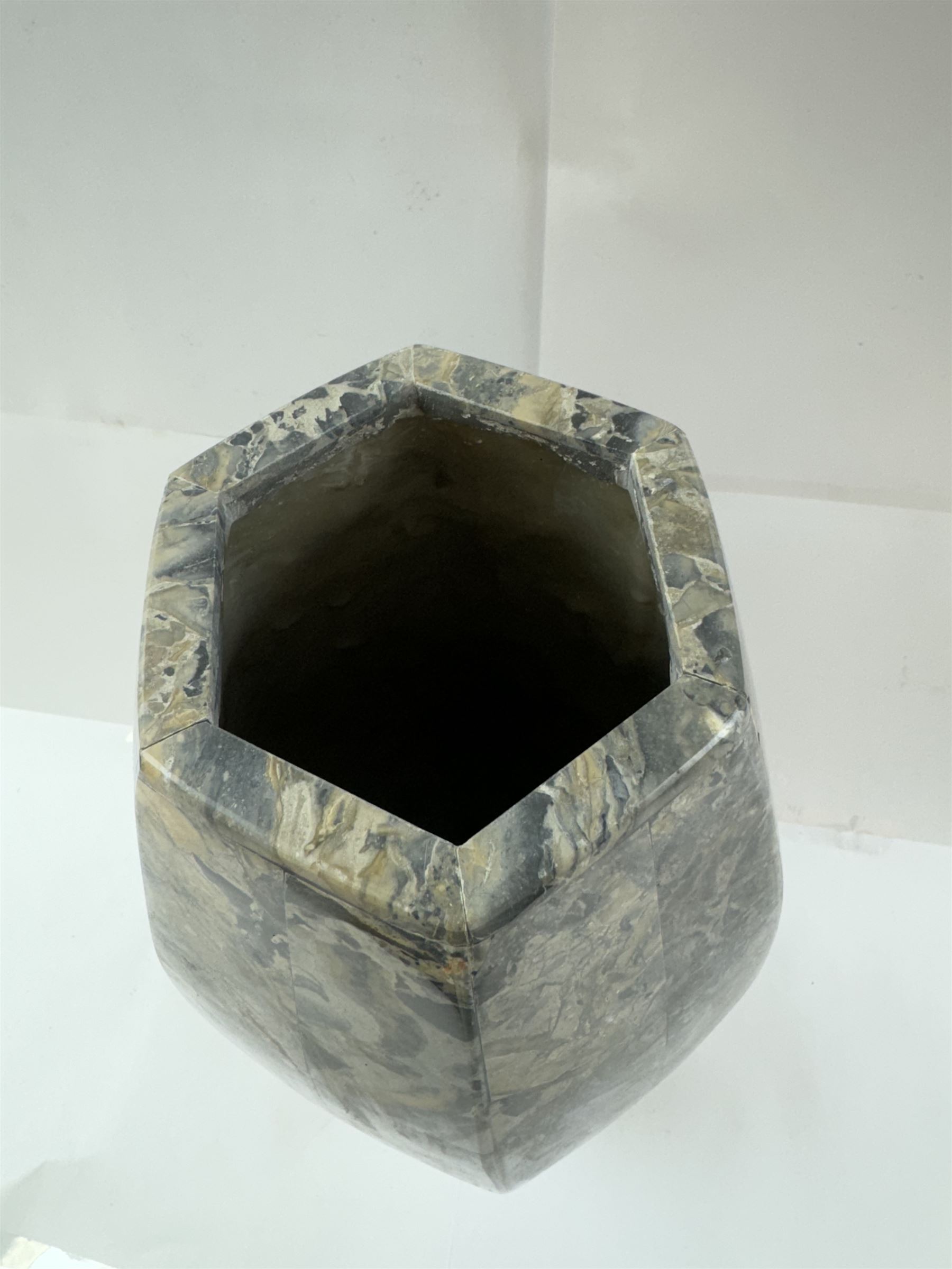 Marble mosaic vase, of hexagonal form, H45cm