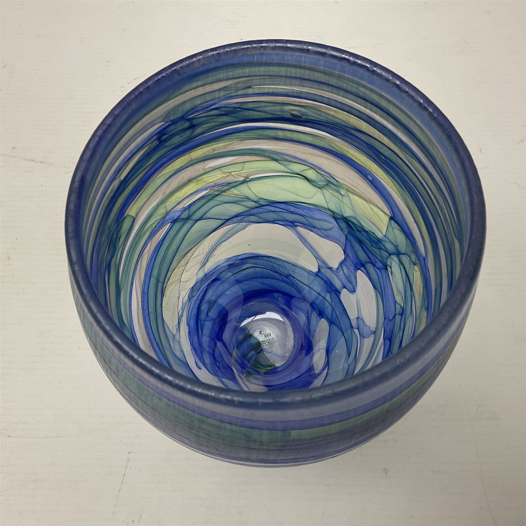 Shakspeare Glass vase, decorated in with a ribbon pattern in blue and purple tones, H21cm