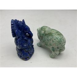 Carved Lapis lazuli figure in the form of Ganesha, together with turquoise carved buddha, tigers eye owl and other carved figures and plaques, Ganesha 8cm