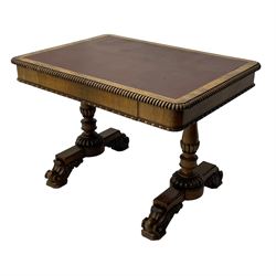 Early 19th century Regency rosewood writing table, rectangular top with inset leather writing surface and gadroon moulded edge, fitted with single frieze drawer, on twin turned pillar supports with lobe carved balusters, on platforms with beaded edge, acanthus scroll carved feet