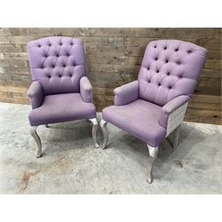 Voyage - two high back armchairs upholstered in buttoned lilac and tweed fabric, painted cabriole legs