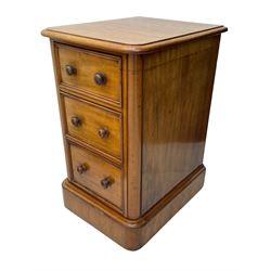 Pair of Victorian figured mahogany pedestal chests, rectangular form with rounded front corners, moulded top over three drawers with applied mouldings and turned handles, on moulded plinth base